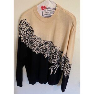 St. John Collection Sweater Womens size LG Marie Black Ivory Cascading Floral